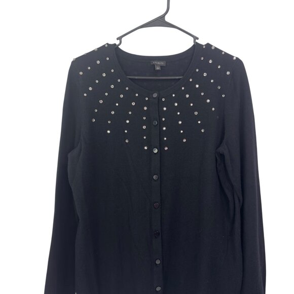 Talbots Women SZ Large Classic Button Up Black Cardigan Rhinestone Embellishment - Picture 11 of 13